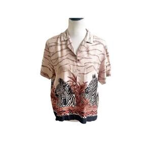 Teddi Petite Large Zebra Safari Print Button Down Shirt Vintage Novelty Brown